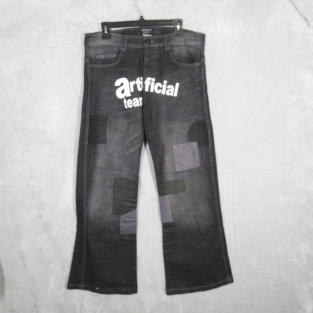 Bad Son Jeans Mens 34 x 30.5 Artificial Tears Black Denim Patchwork Distressed